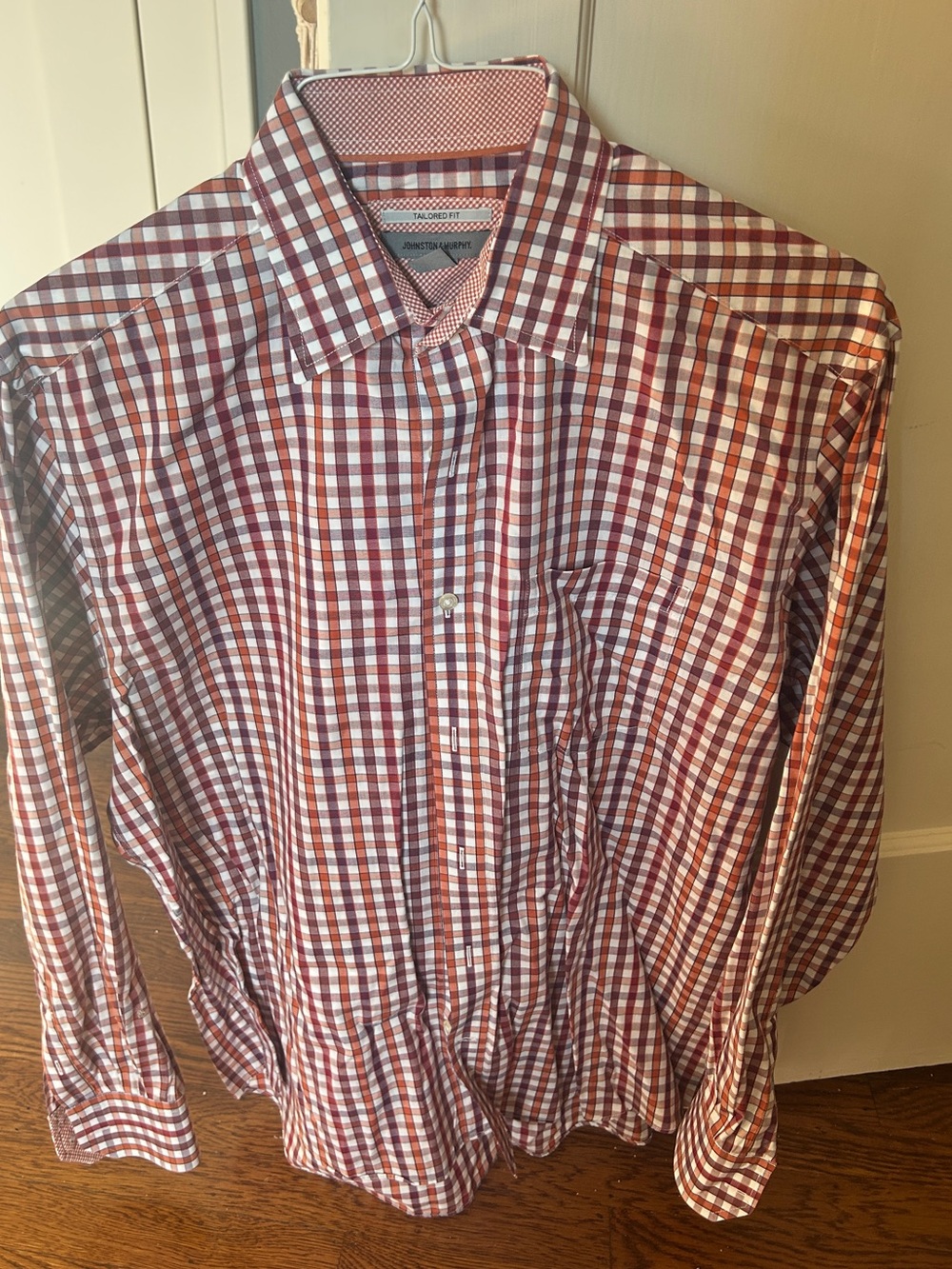 Johnston & Murphy Tailored Fit Orange Red & White Check Men’s Dress Shirt Large